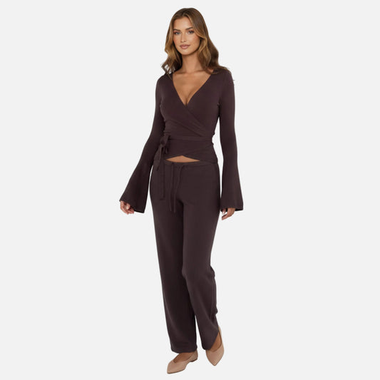 Knit Lounge Set Women's Wrap Top and Wide Leg Trousers