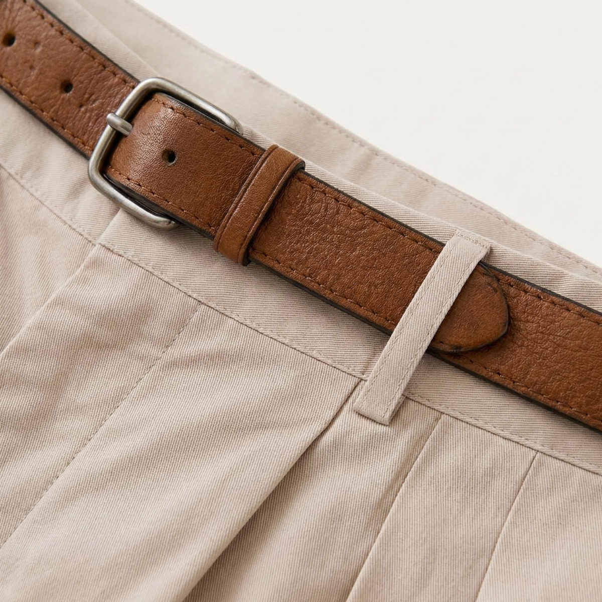 Close-up of the stone twill waistband, a belt loop and the pleats, with a tan leather belt and silver buckle. 3