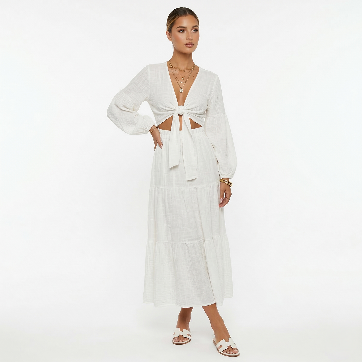 Co-ord Set Women's Tie Front Crop Top Puff Sleeves Tiered Maxi Skirt