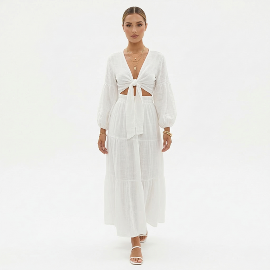 Co-ord Set Women's Tie Front Crop Top Puff Sleeves Tiered Maxi Skirt
