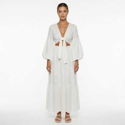 Co-ord Set Women's Tie Front Crop Top Puff Sleeves Tiered Maxi Skirt