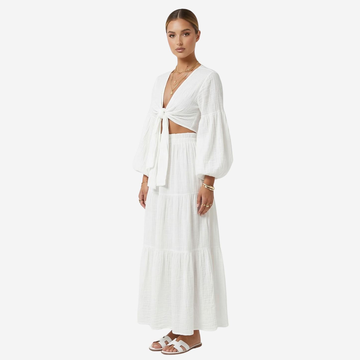 Co-ord Set Women's Tie Front Crop Top Puff Sleeves Tiered Maxi Skirt