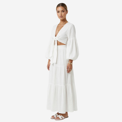 Co-ord Set Women's Tie Front Crop Top Puff Sleeves Tiered Maxi Skirt