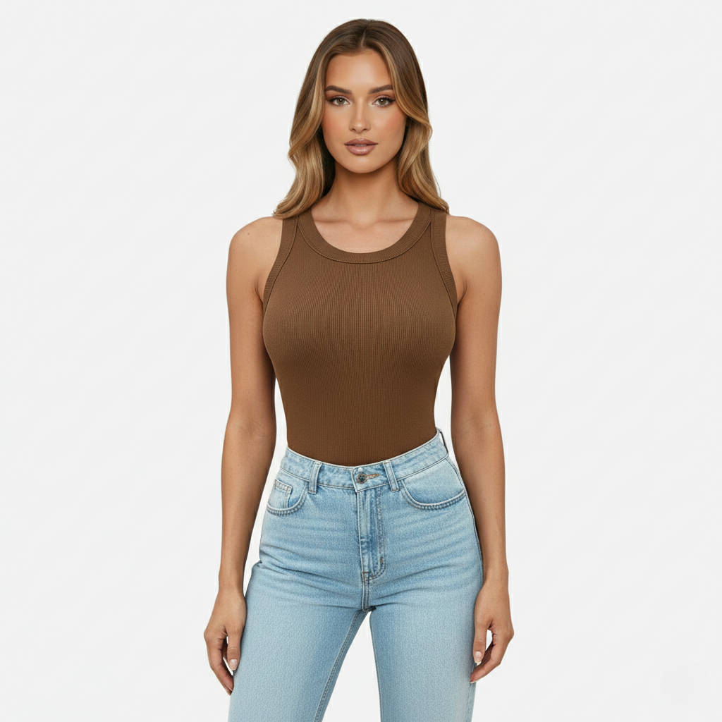 Tank Top Women's Round Neck Ribbed with Built-in Bra