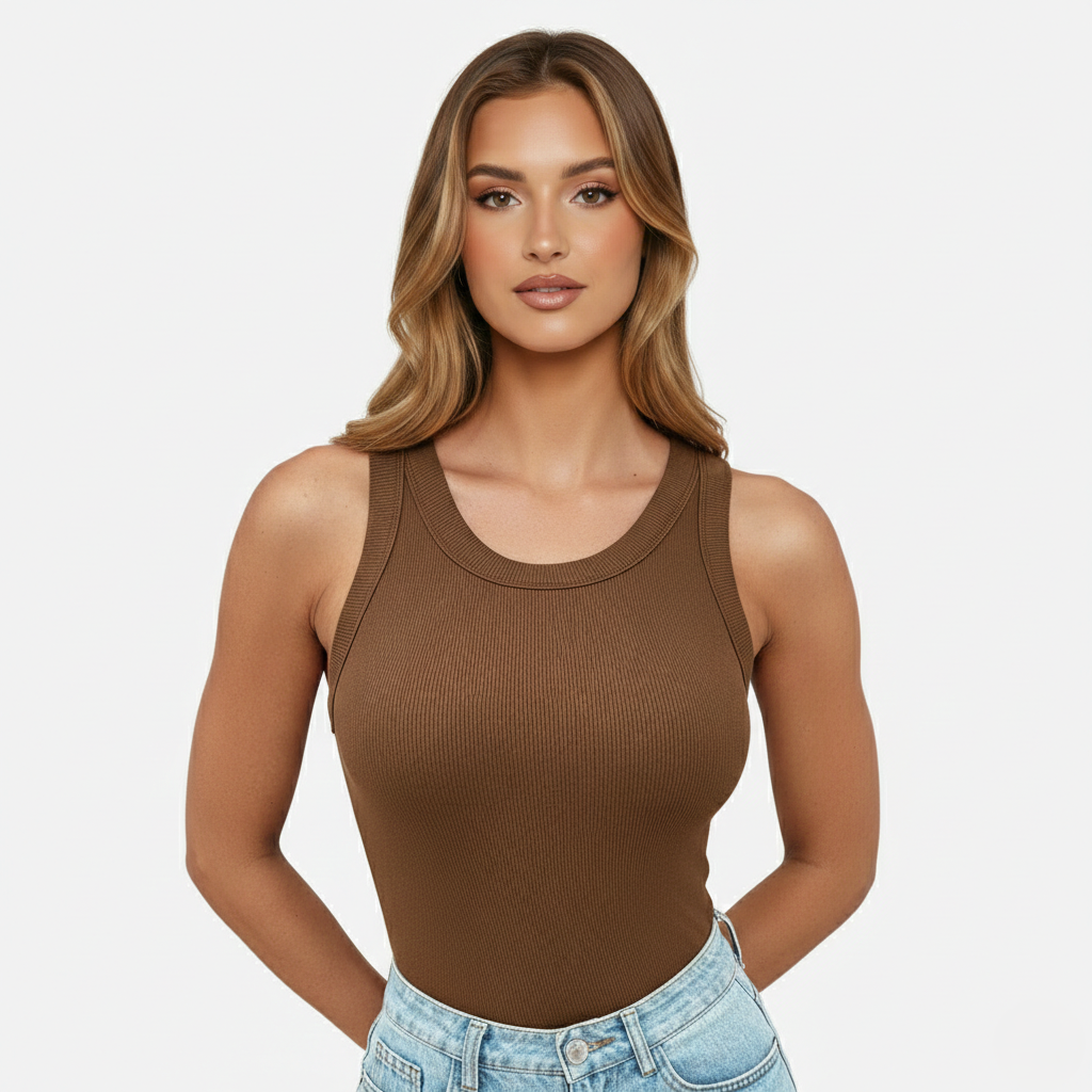 Tank Top Women's Round Neck Ribbed with Built-in Bra