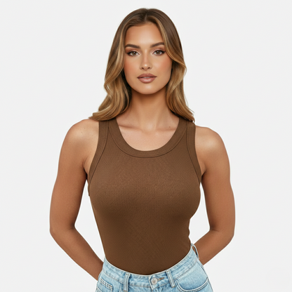 Tank Top Women's Round Neck Ribbed with Built-in Bra