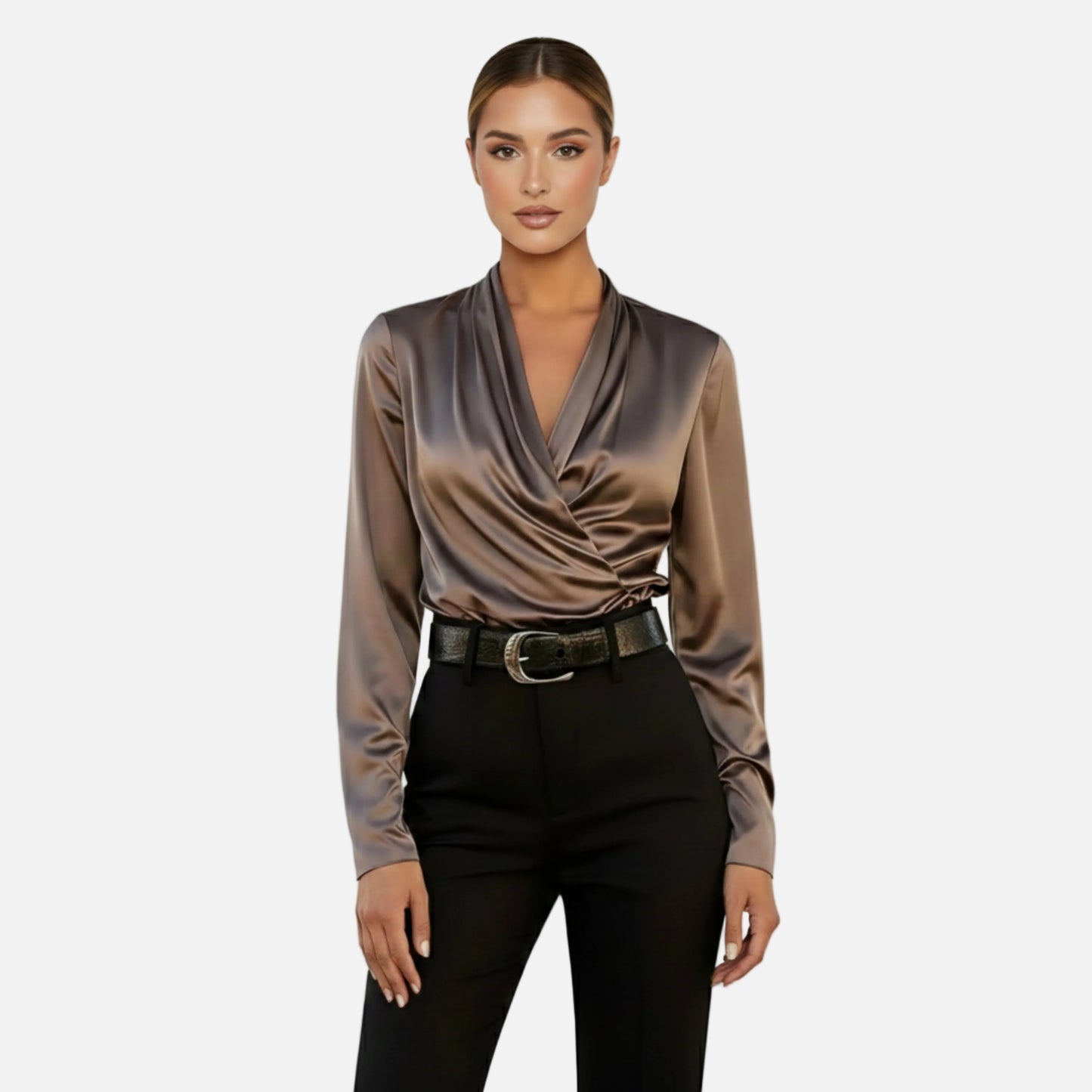 Satin Blouse Women's Draped Wrap V-neck Long Sleeve