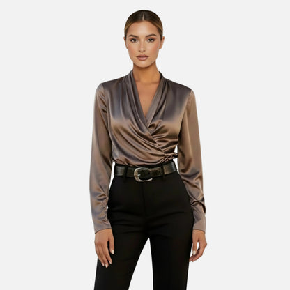 Satin Blouse Women's Draped Wrap V-neck Long Sleeve