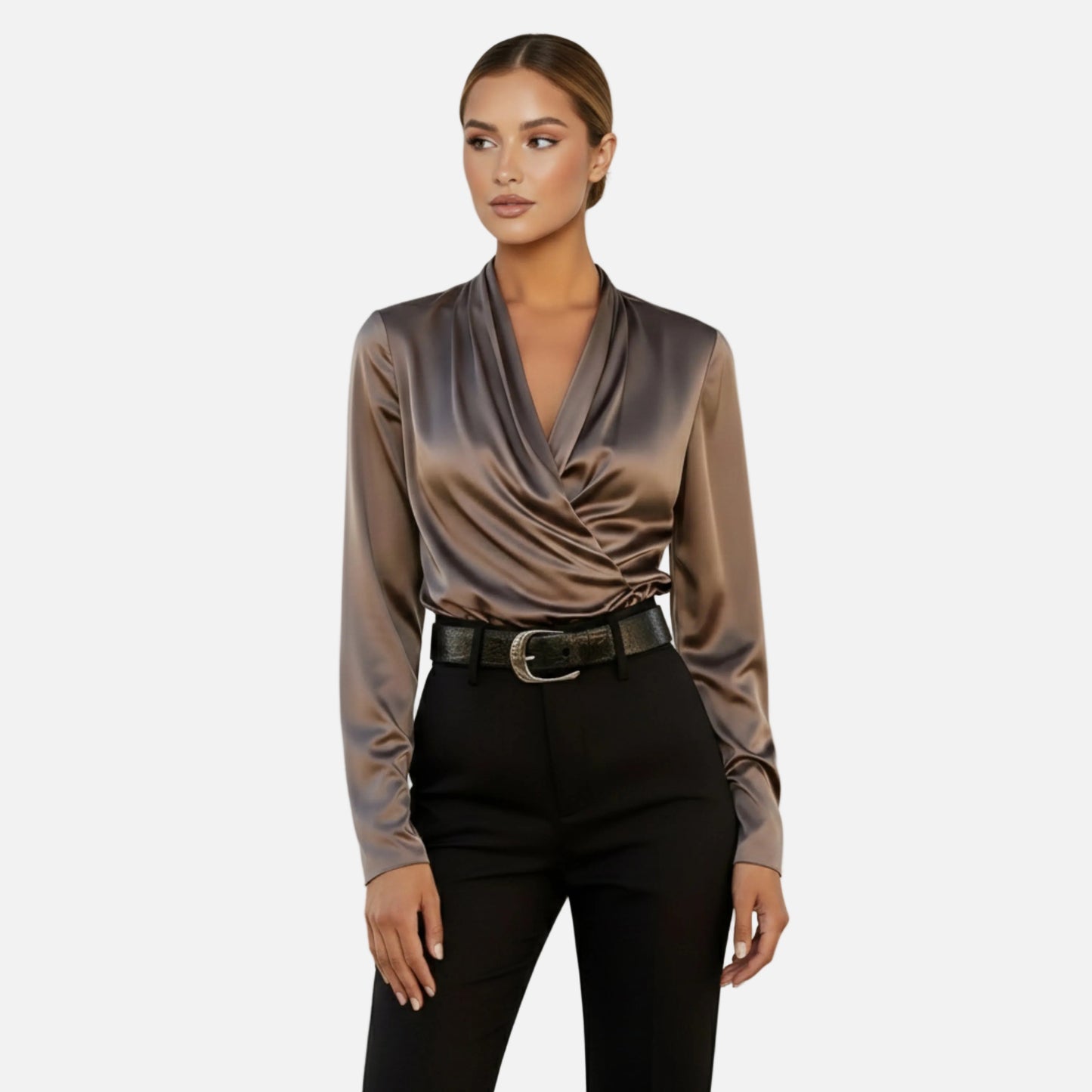 Satin Blouse Women's Draped Wrap V-neck Long Sleeve