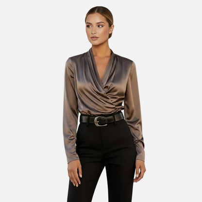 Satin Blouse Women's Draped Wrap V-neck Long Sleeve