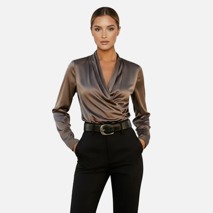 Satin Blouse Women's Draped Wrap V-neck Long Sleeve