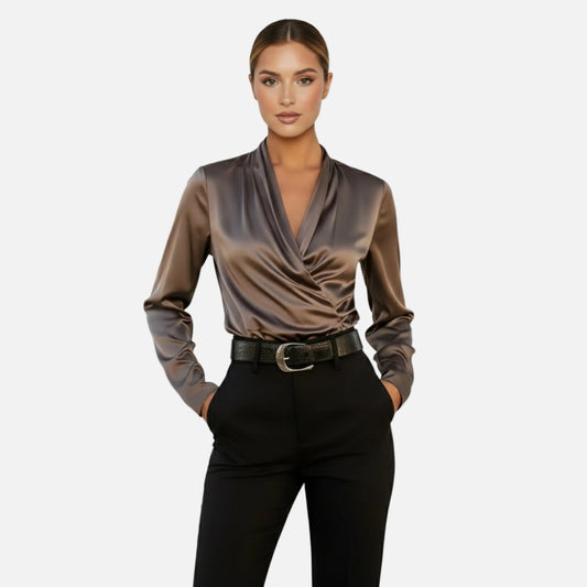 Satin Blouse Women's Draped Wrap V-neck Long Sleeve