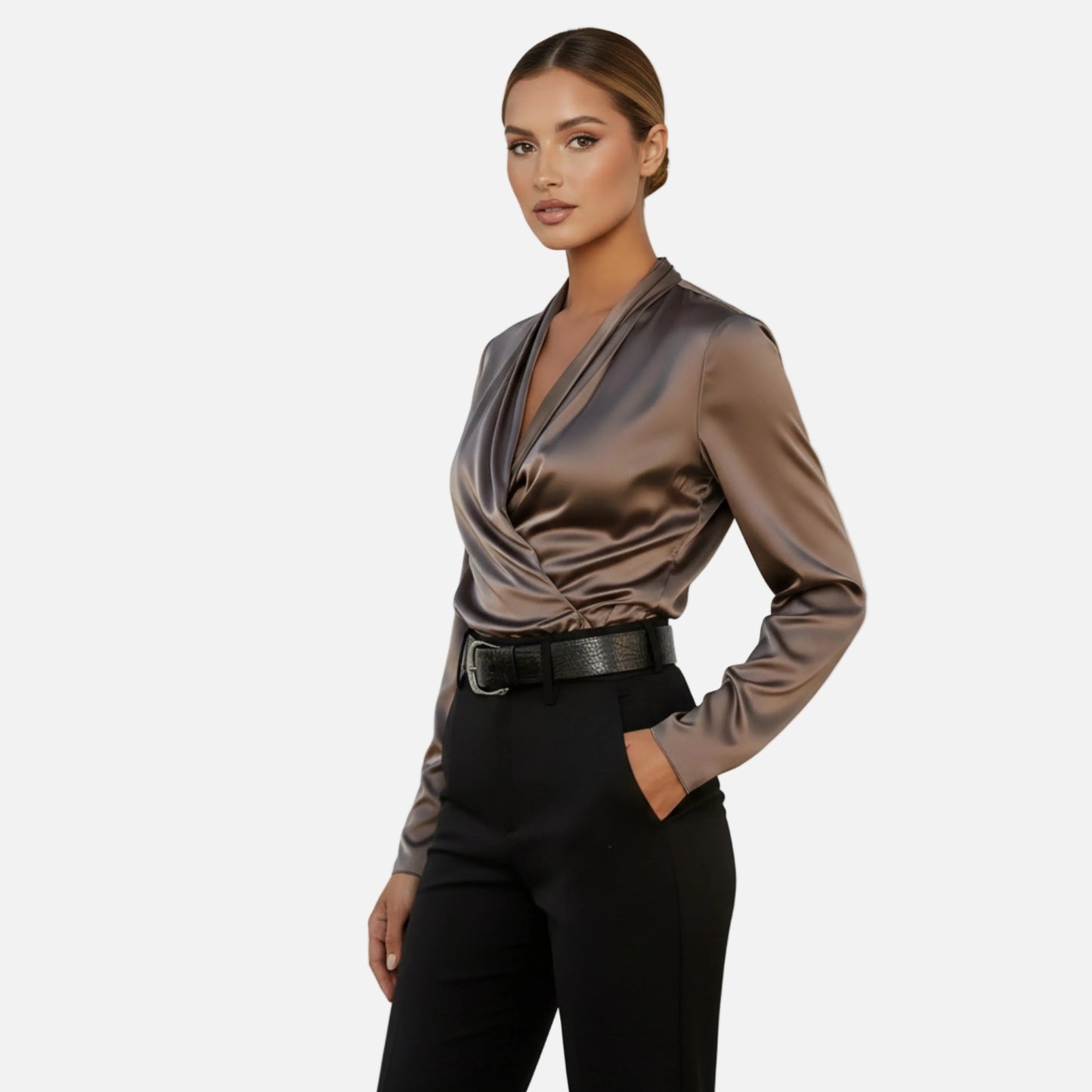 Satin Blouse Women's Draped Wrap V-neck Long Sleeve
