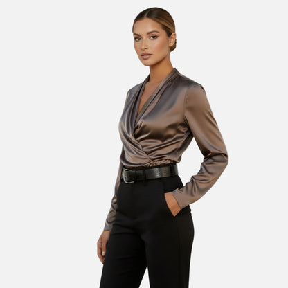 Satin Blouse Women's Draped Wrap V-neck Long Sleeve