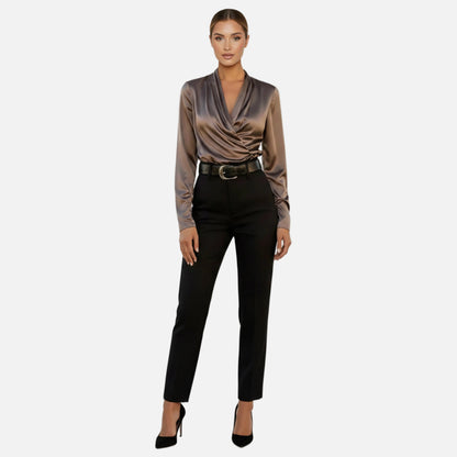 Satin Blouse Women's Draped Wrap V-neck Long Sleeve