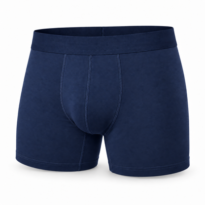 Single navy boxer brief seen from the front, showing the wide waistband, stitched front panel and leg hems. 4