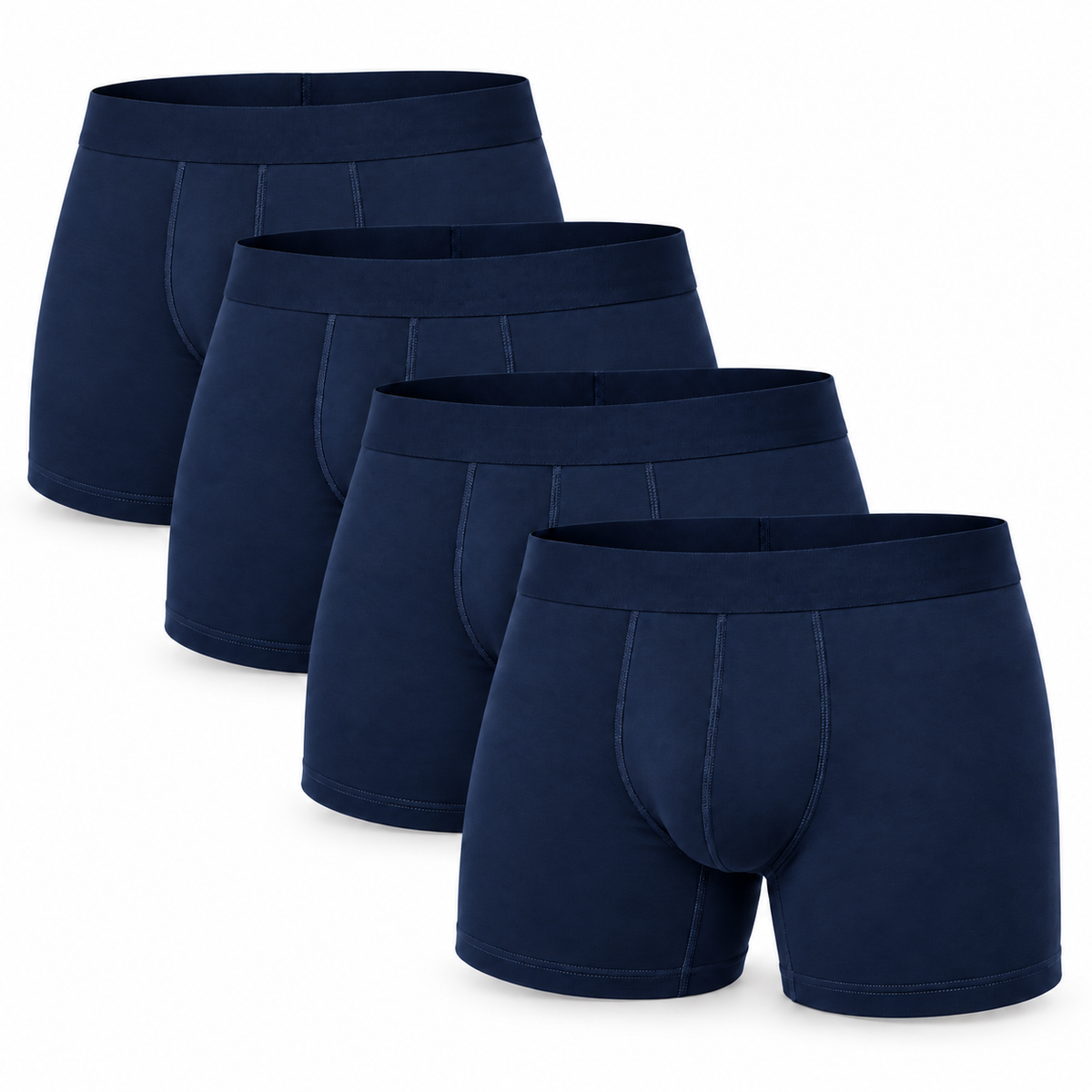 Stack of four navy boxer briefs shown overlapping, each with wide waistband and stitched front seams. 3