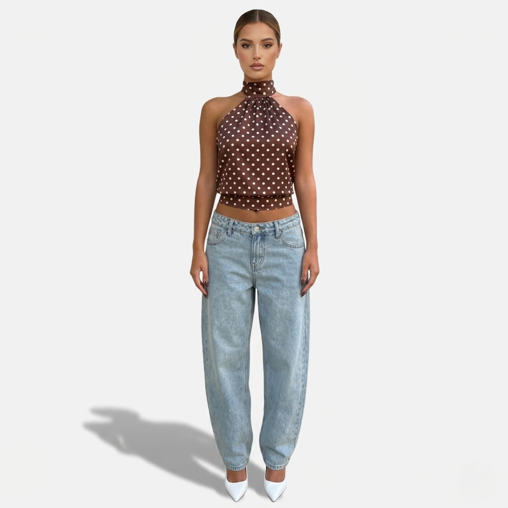 Polka Dot Blouse Women's Halter Neck Sleeveless Tie Back