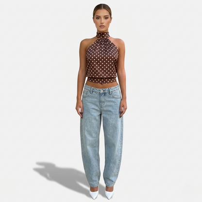 Polka Dot Blouse Women's Halter Neck Sleeveless Tie Back