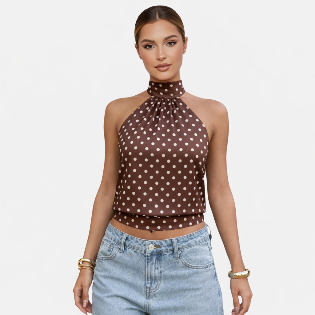 Polka Dot Blouse Women's Halter Neck Sleeveless Tie Back