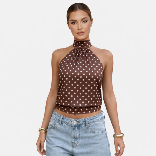 Polka Dot Blouse Women's Halter Neck Sleeveless Tie Back
