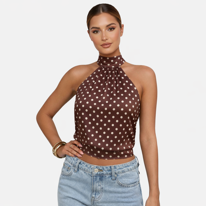 Polka Dot Blouse Women's Halter Neck Sleeveless Tie Back