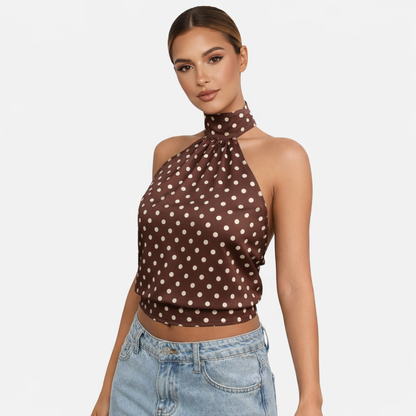 Polka Dot Blouse Women's Halter Neck Sleeveless Tie Back