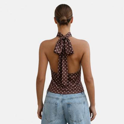 Polka Dot Blouse Women's Halter Neck Sleeveless Tie Back