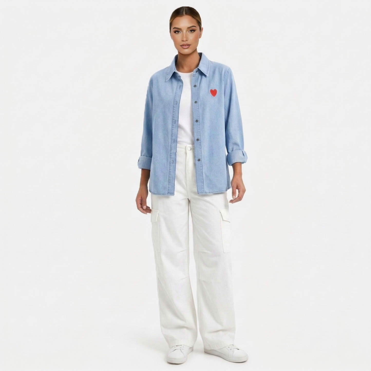 Denim Shirt Women's Button-up Long Sleeve Heart Embroidery