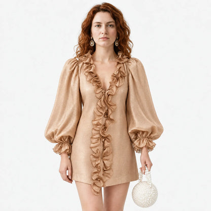 Elegant Ruffled Mini Dress with Puff Sleeves and Subtle Shimmer
