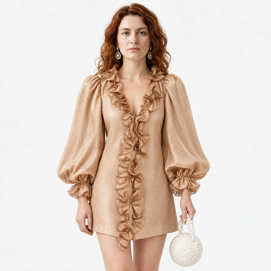 Elegant Ruffled Mini Dress with Puff Sleeves and Subtle Shimmer