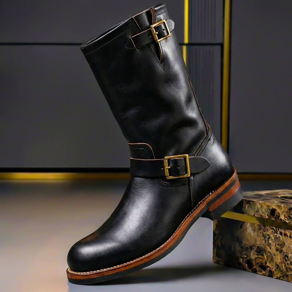 Black leather engineer boot with brass buckles on the shaft and ankle strap, tilted against a marble-effect block. 3