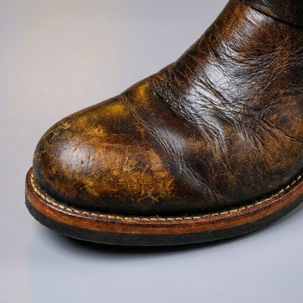 Close-up of the rounded toe of a worn brown leather boot, showing creasing, scuffs and the stitched welt. 6