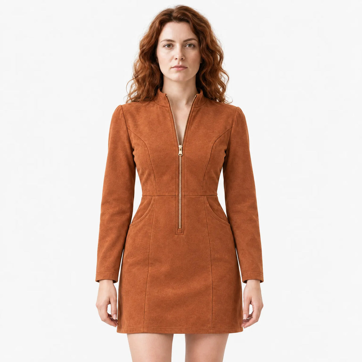 Faux Suede Zip-Up Dress with Long Sleeves