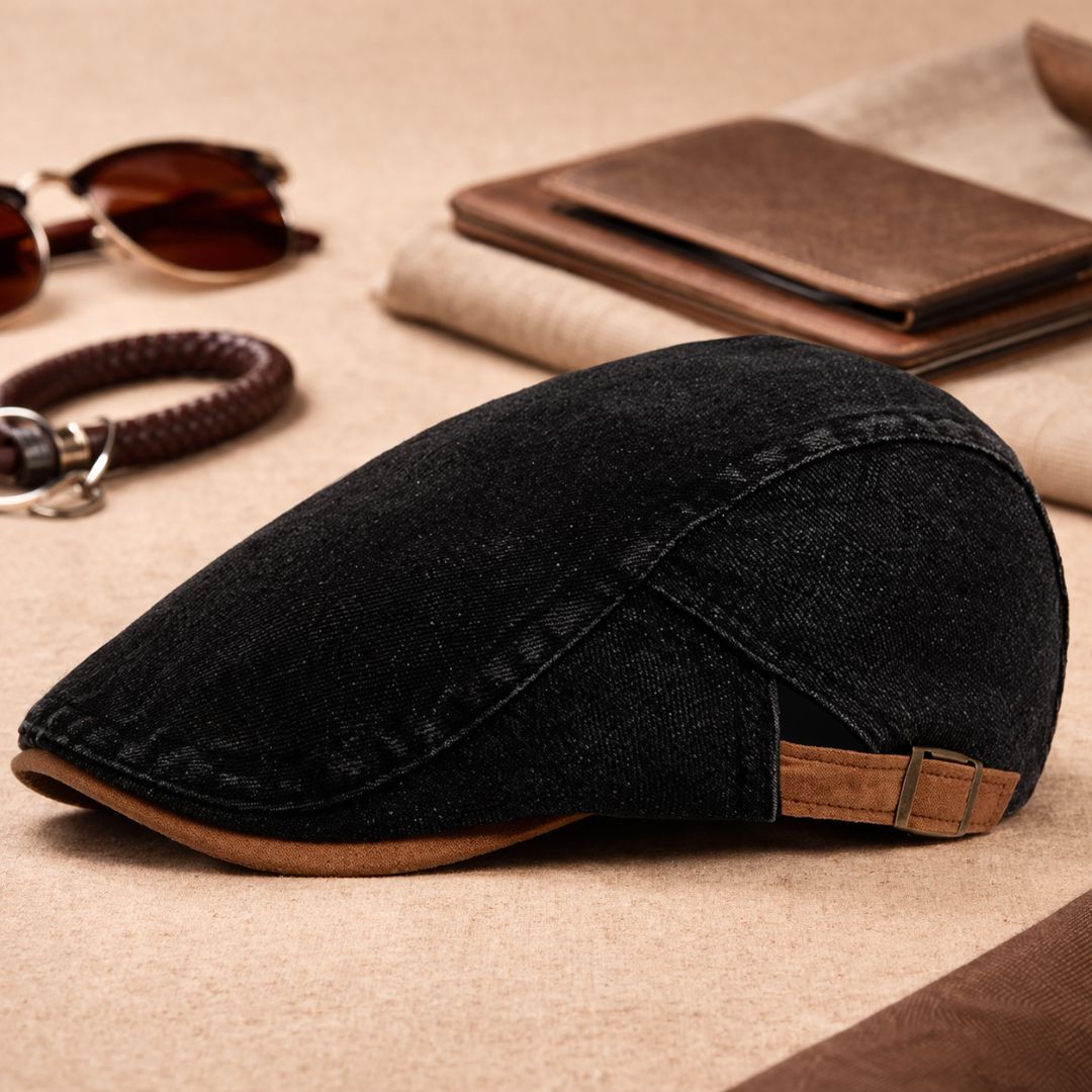 Black denim version of the flat cap with tan peak and buckle strap, shown beside sunglasses, a bracelet and a wallet. 8
