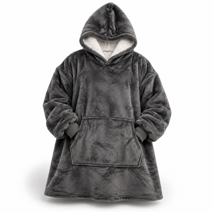 Front view of the dark grey fleece hoodie blanket with white sherpa-lined hood, large front pocket and ribbed cuffs. 1