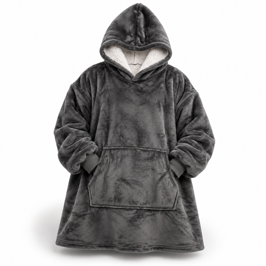 Front view of the dark grey fleece hoodie blanket with white sherpa-lined hood, large front pocket and ribbed cuffs. 1