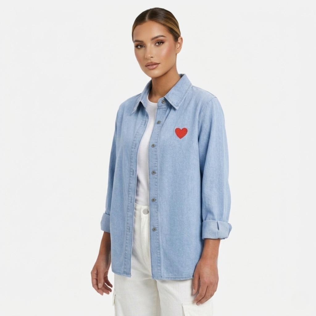 Denim Shirt Women's Button-up Long Sleeve Heart Embroidery