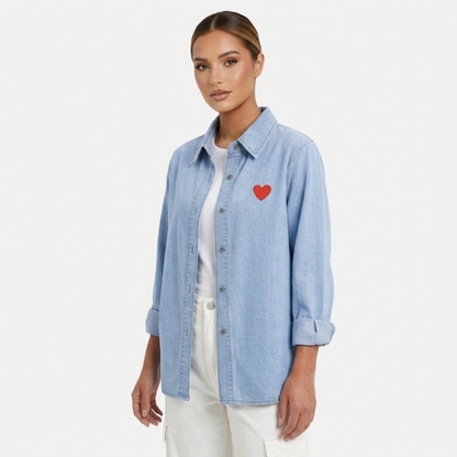 Denim Shirt Women's Button-up Long Sleeve Heart Embroidery