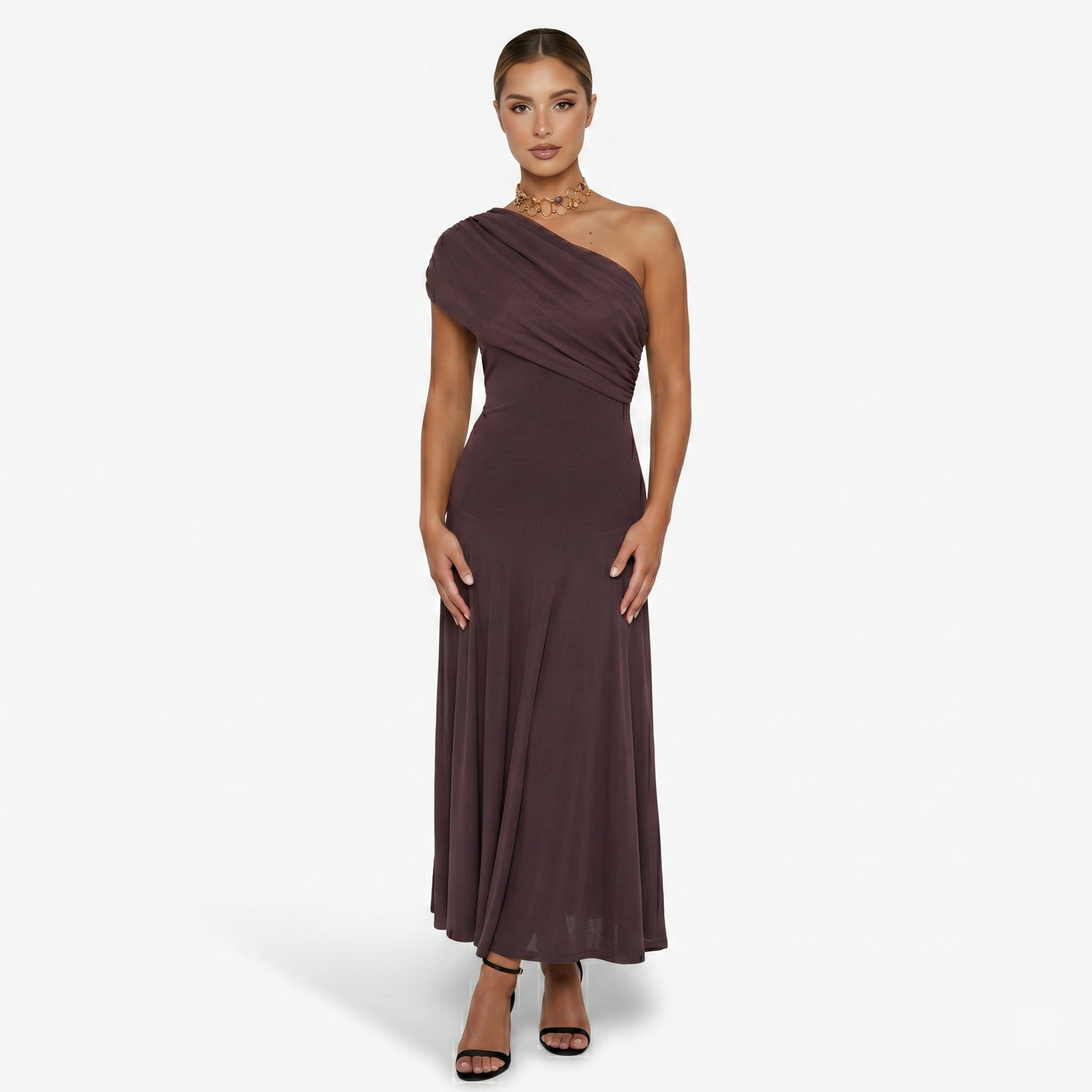 Maxi Dress Women's One Shoulder Mesh Ruched Bodice