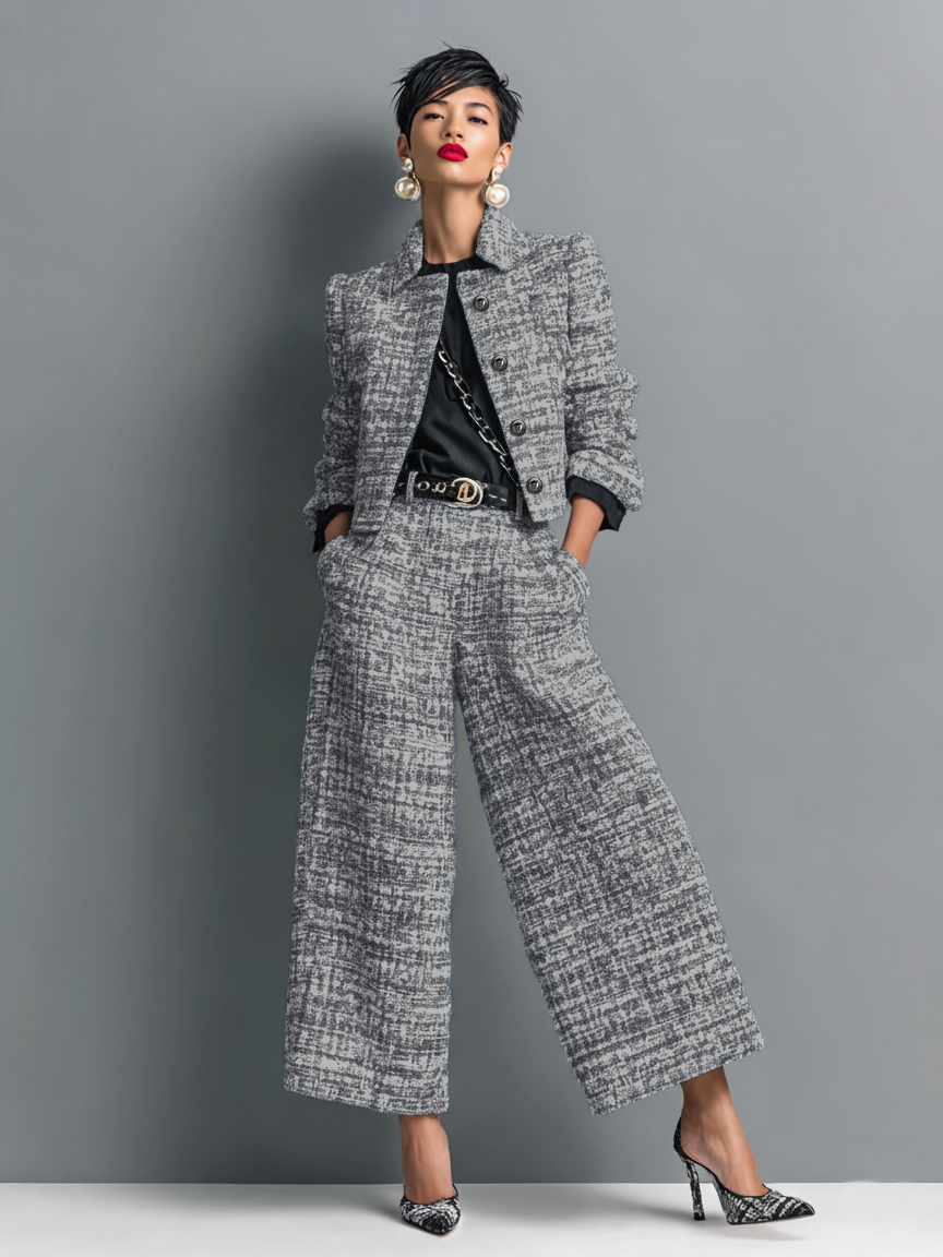Model wearing the cropped textured jacket and wide-leg cropped trousers in a mid-grey weave, styled with a black top and belt. 1