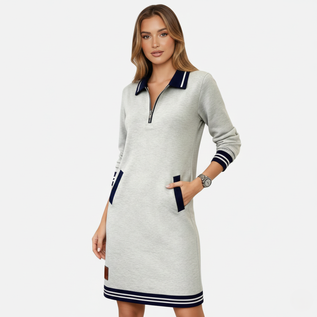 Shift Dress Women's Polo Collar Long Sleeve Half-Zip