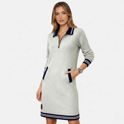 Shift Dress Women's Polo Collar Long Sleeve Half-Zip