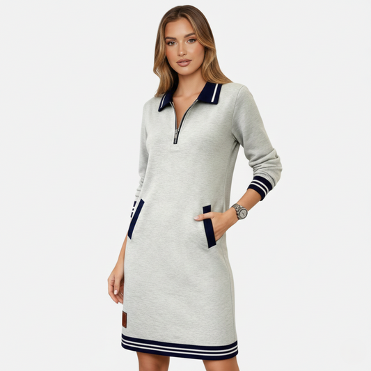 Shift Dress Women's Polo Collar Long Sleeve Half-Zip