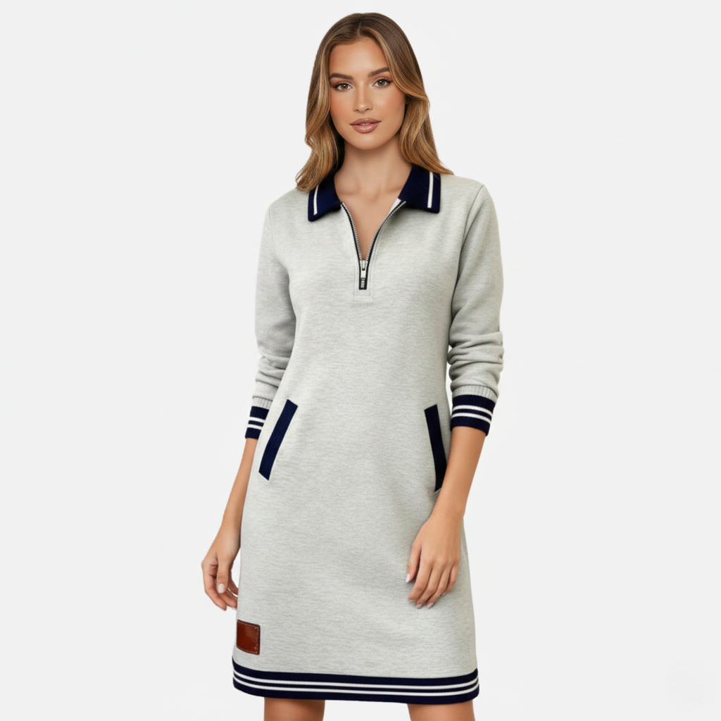 Shift Dress Women's Polo Collar Long Sleeve Half-Zip