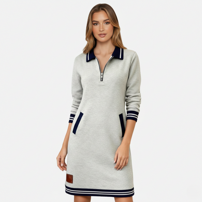 Shift Dress Women's Polo Collar Long Sleeve Half-Zip