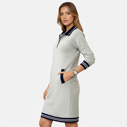 Shift Dress Women's Polo Collar Long Sleeve Half-Zip