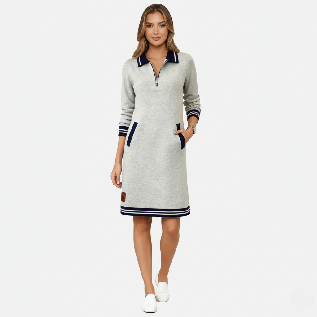 Shift Dress Women's Polo Collar Long Sleeve Half-Zip