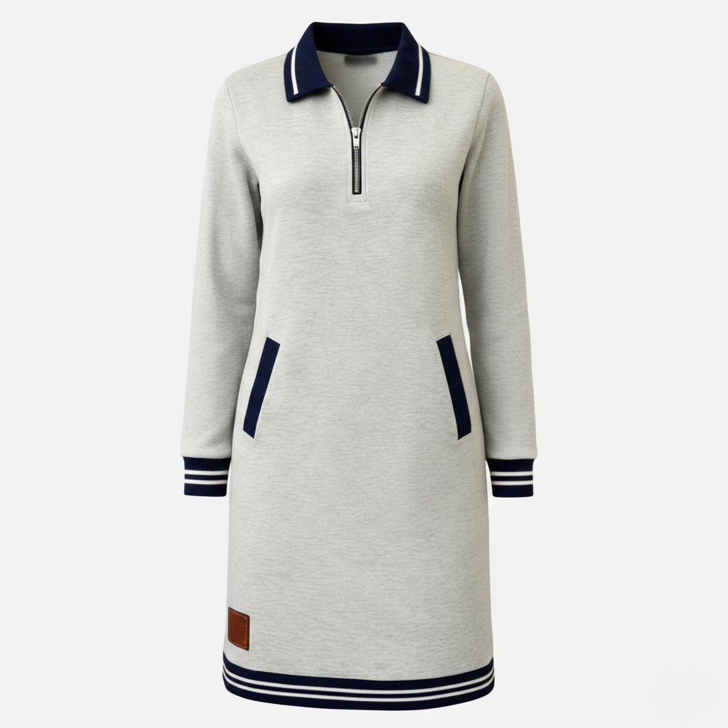 Shift Dress Women's Polo Collar Long Sleeve Half-Zip