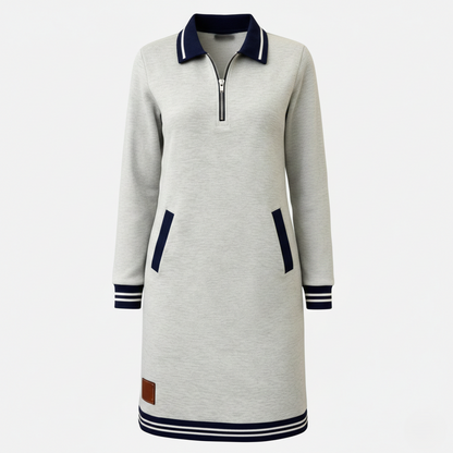 Shift Dress Women's Polo Collar Long Sleeve Half-Zip